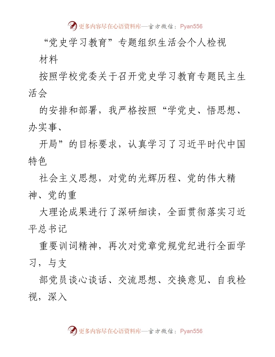[发言] 党史学习教育专题组织生活会 - 个人检视与整改措施总结.docx_第1页