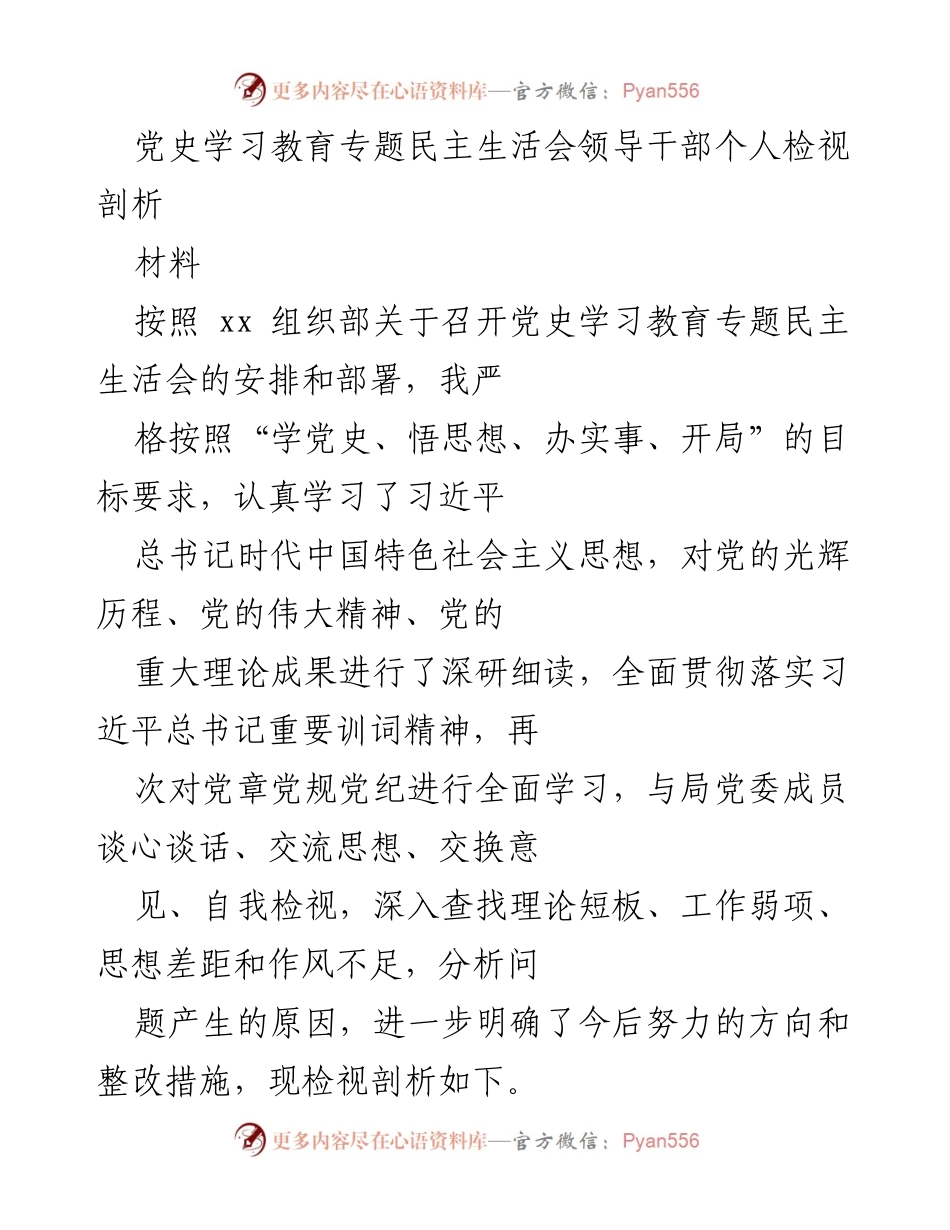 [发言] 党史学习教育专题民主生活会 - 领导干部个人检视剖析总结.docx_第1页
