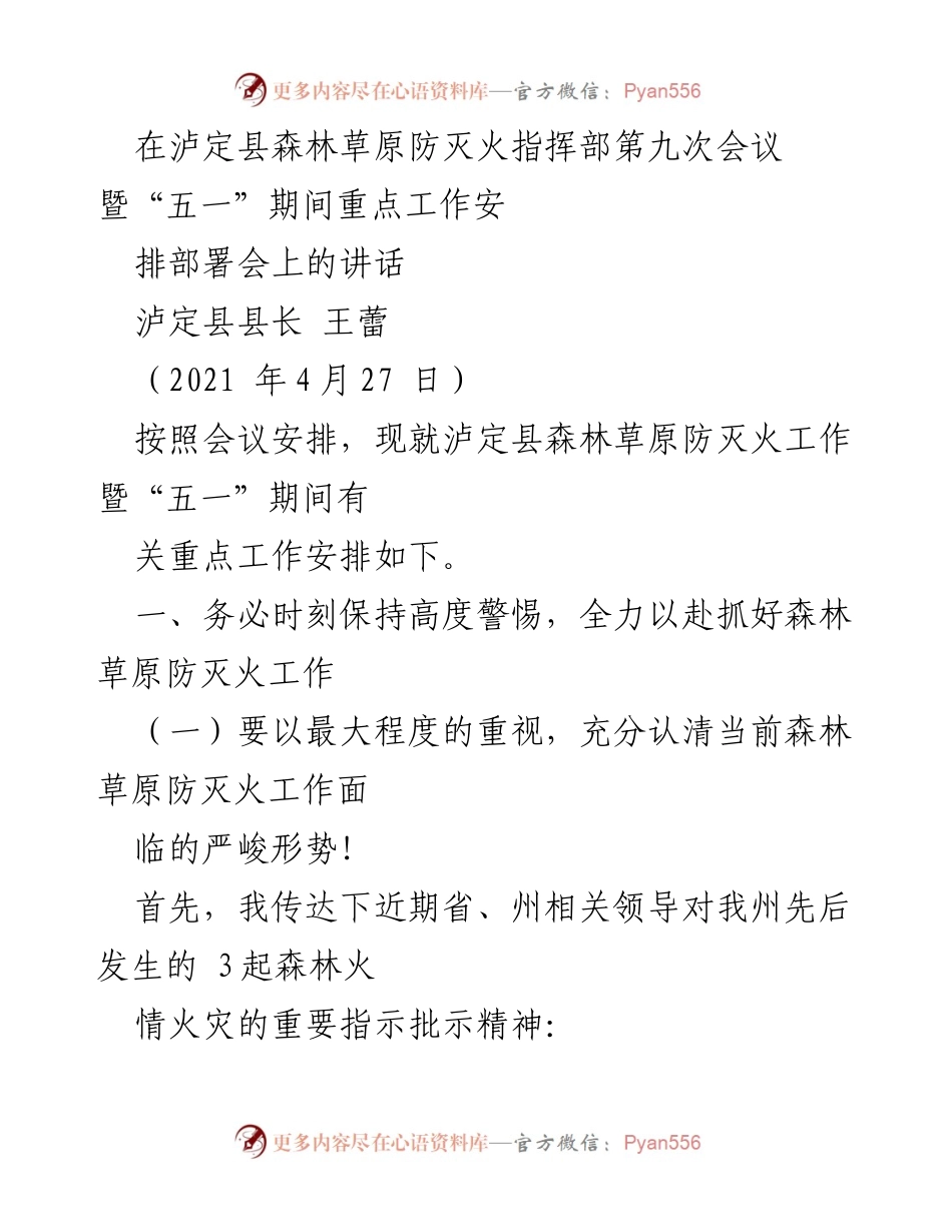 [发言] 会议 - 泸定县森林草原防灭火工作重要讲话.docx_第1页
