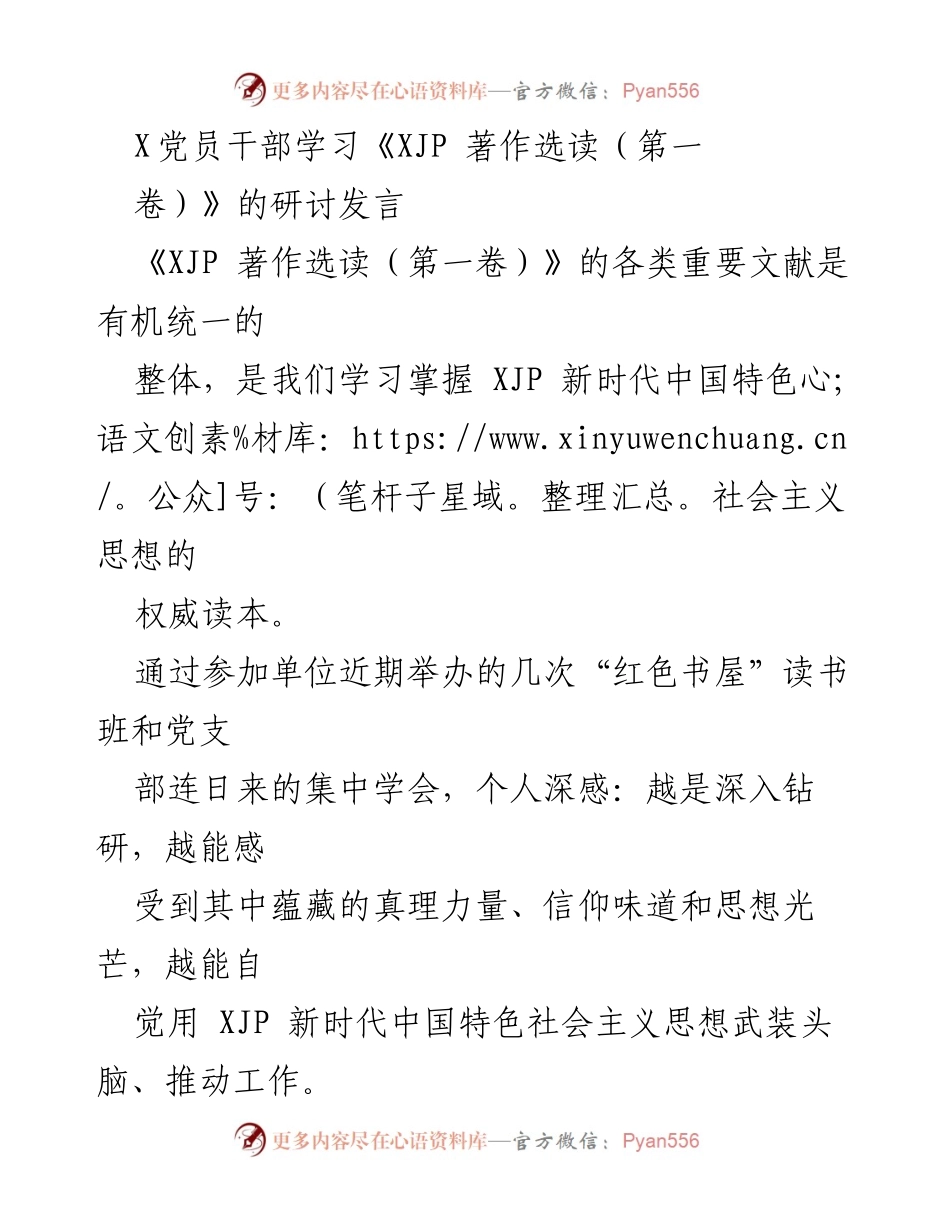 [发言] 党员干部学习研讨会 - 深入学习《XJP 著作选读（第一卷）》的体会与思考.docx_第1页