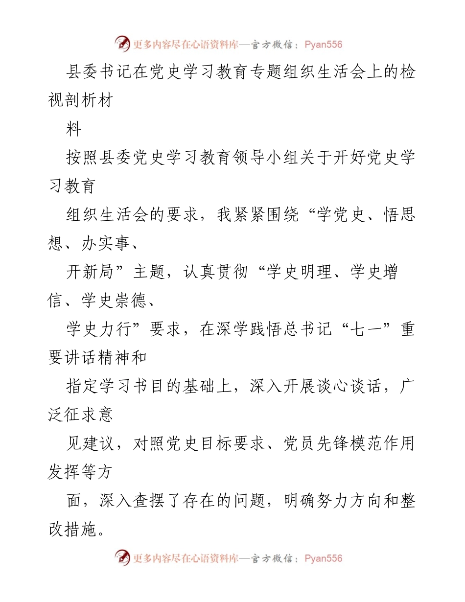 [发言] 党史学习教育专题组织生活会 - 深入学习贯彻习近平总书记重要讲话精神的检视与反思.docx_第1页