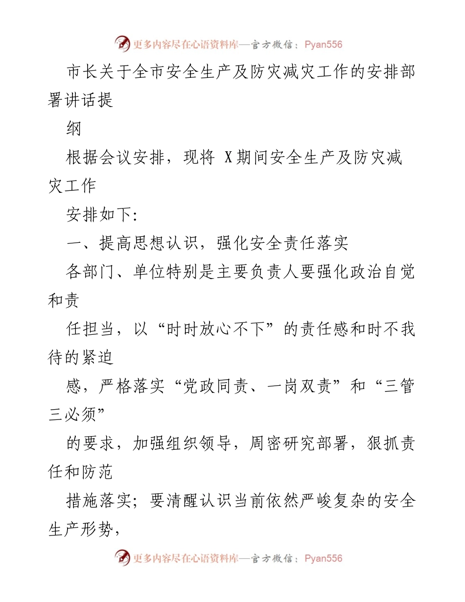 [发言] 会议 - 市长关于全市安全生产及防灾减灾工作的重要讲话提纲.docx_第1页