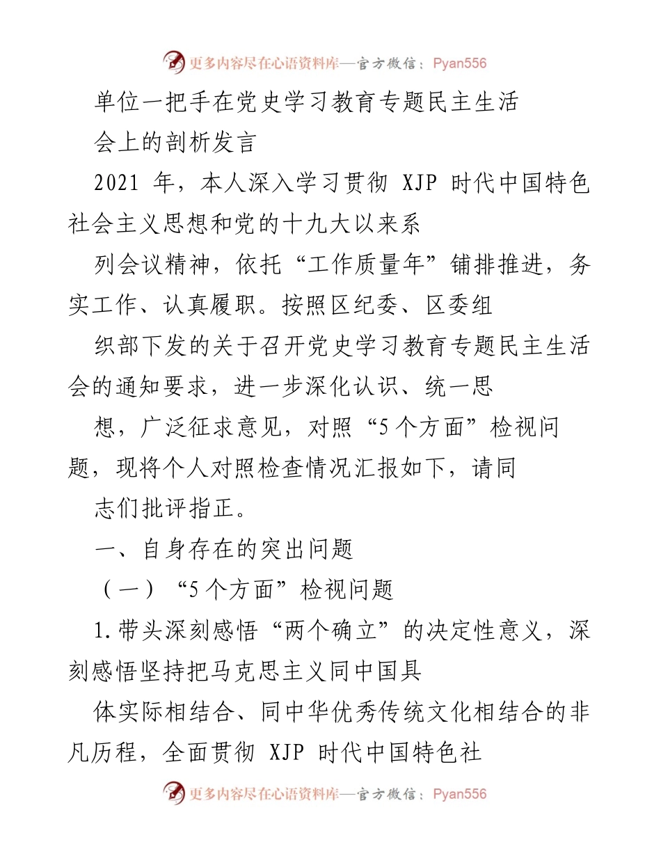 [发言] 党史学习教育专题民主生活会 - 单位一把手的自我剖析与问题检视.docx_第1页