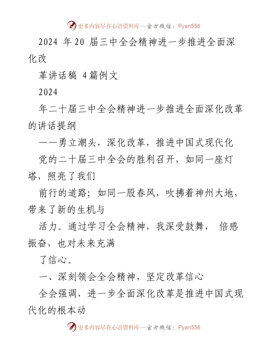 [发言] 党内会议 - 深化改革，勇立潮头：学习二十届三中全会精神的体会与实践.docx_第1页