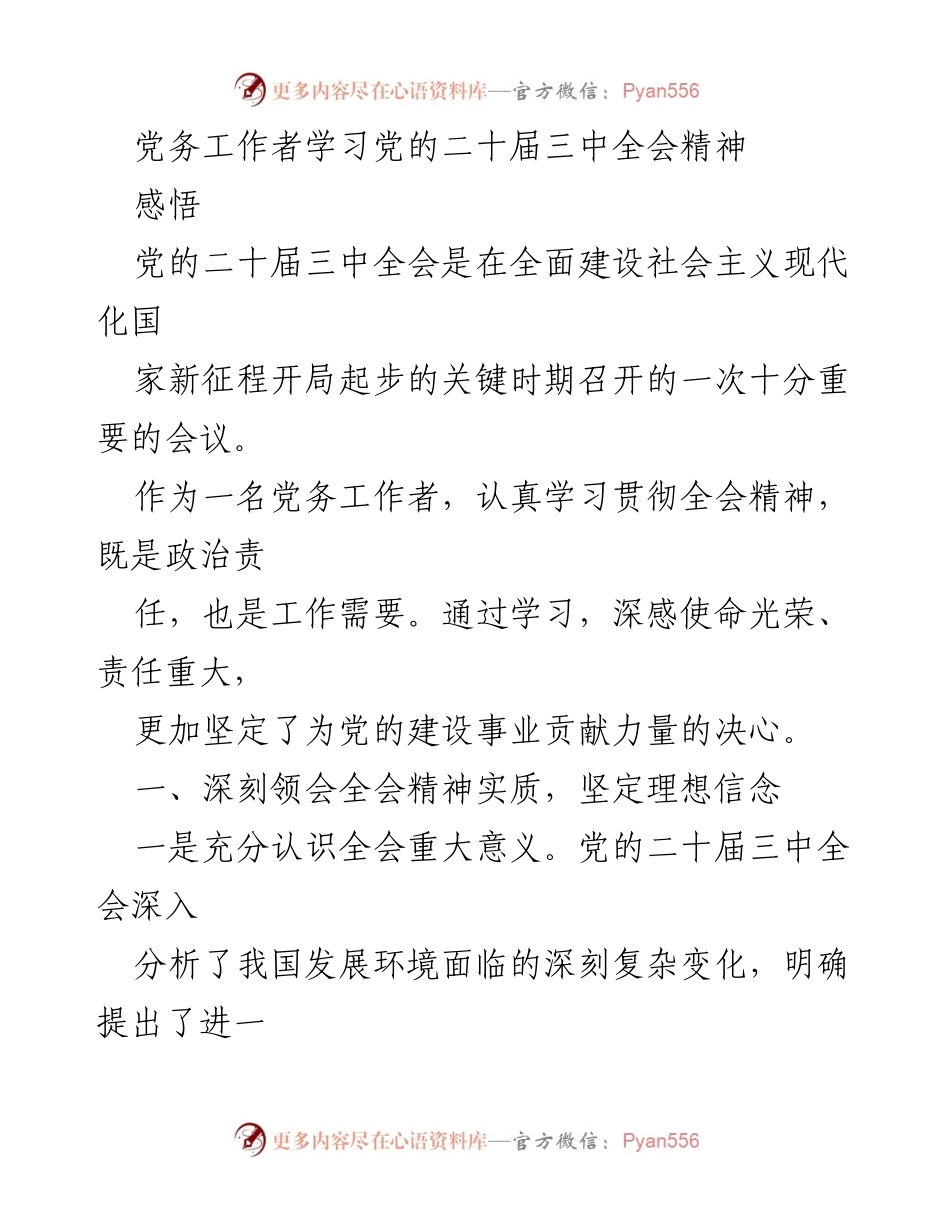 [发言] 党务工作者学习会议 - 深刻领会党的二十届三中全会精神，坚定为党的建设贡献力量.docx_第1页