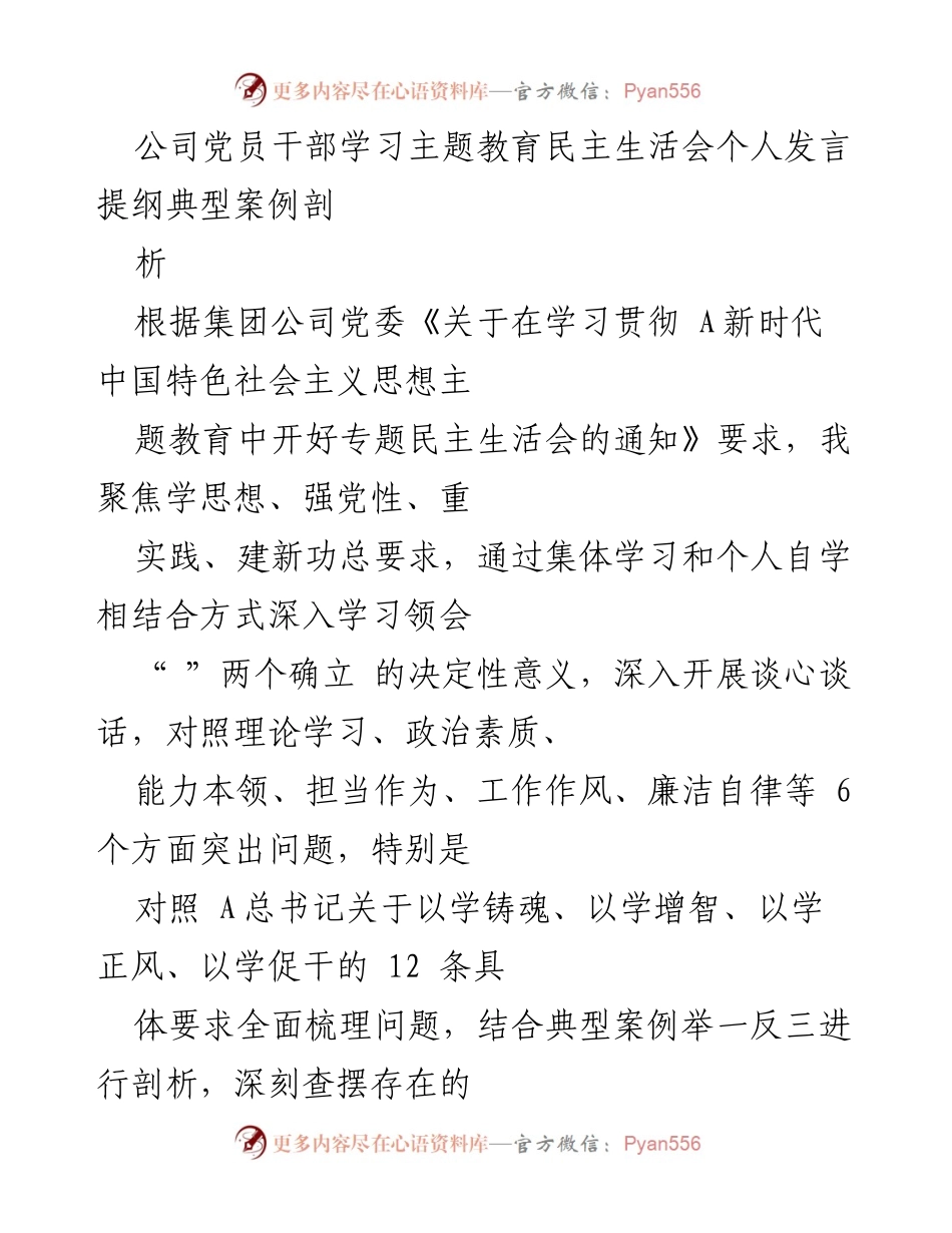 [发言] 党员干部学习主题教育民主生活会 - 深入剖析与整改：推动新时代中国特色社会主义思想落实.docx_第1页