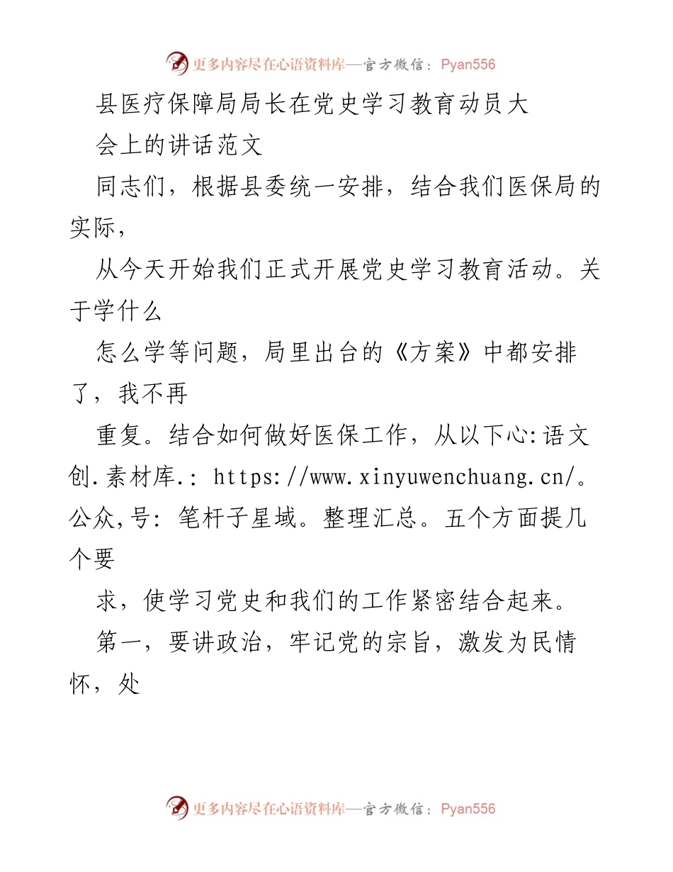 [发言] 党史学习教育动员大会 - 医保局长在党史学习教育动员大会上的讲话要点.docx_第1页