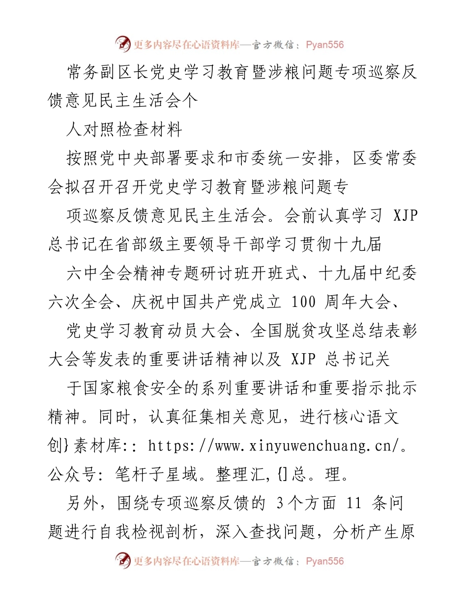 [发言] 党史学习教育暨涉粮问题专项巡察反馈意见民主生活会 - 常务副区长个人对照检查材料总结_1.docx_第1页