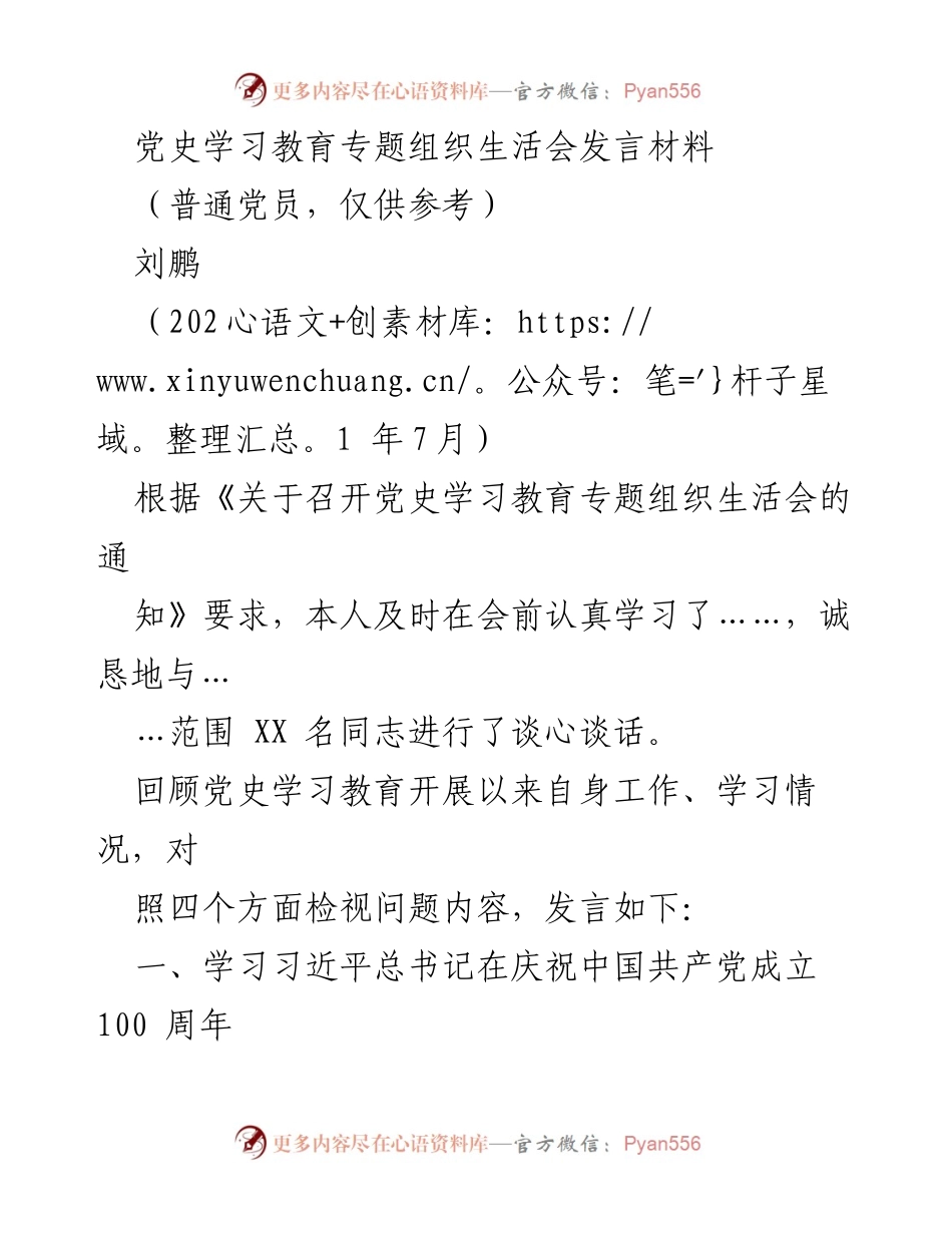 [发言] 党史学习教育专题组织生活会 - 党史学习教育自我检视与整改措施发言材料.docx_第1页