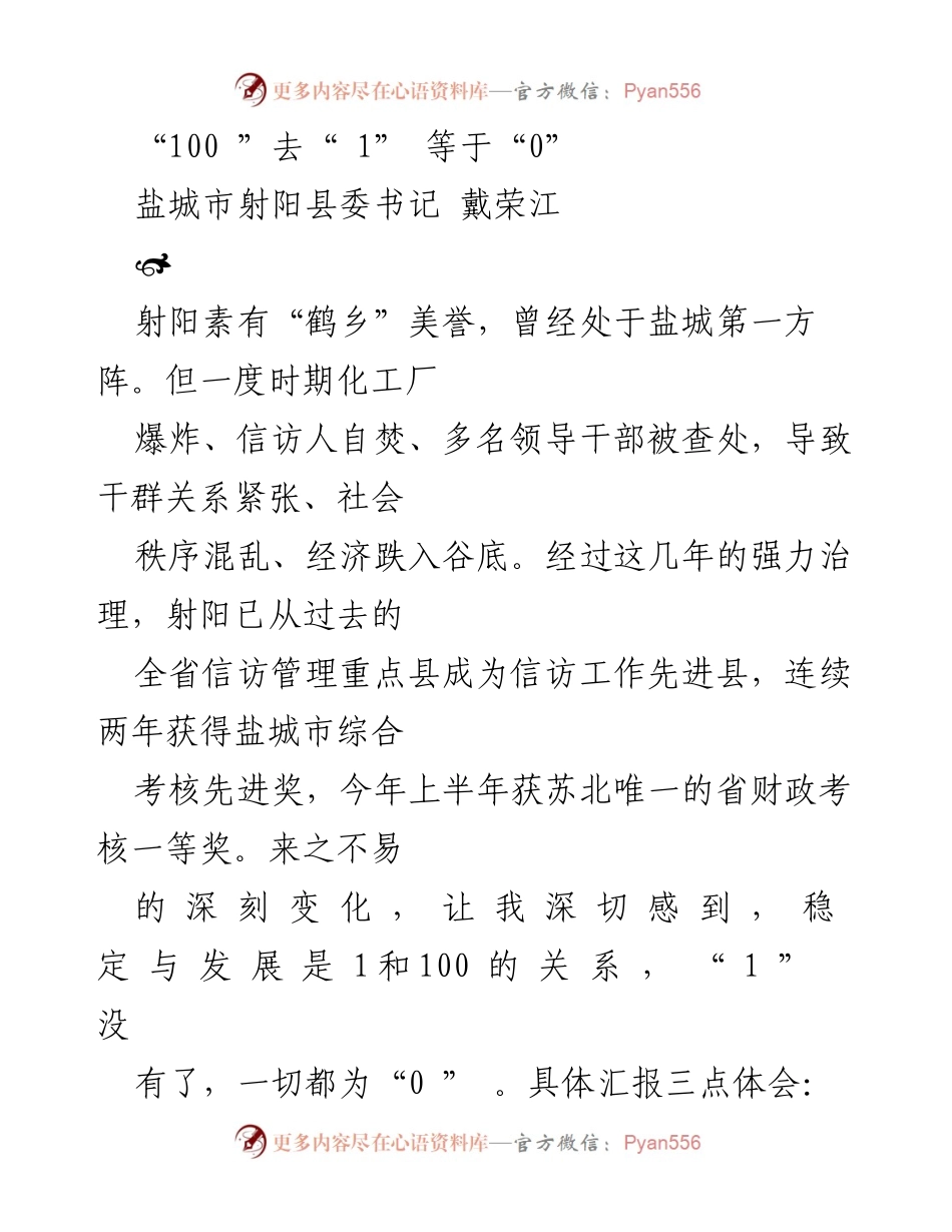 [发言] 信访工作总结 - 稳定与发展：射阳信访治理的成功经验分享.docx_第1页