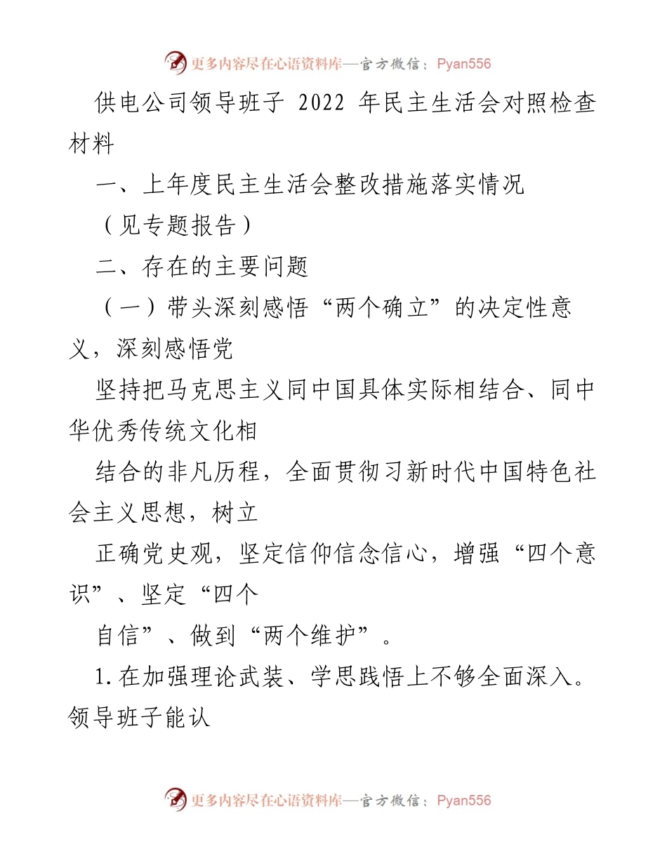 [发言] 供电公司领导班子 2022 年民主生活会 - 对照检查与整改措施总结.docx_第1页