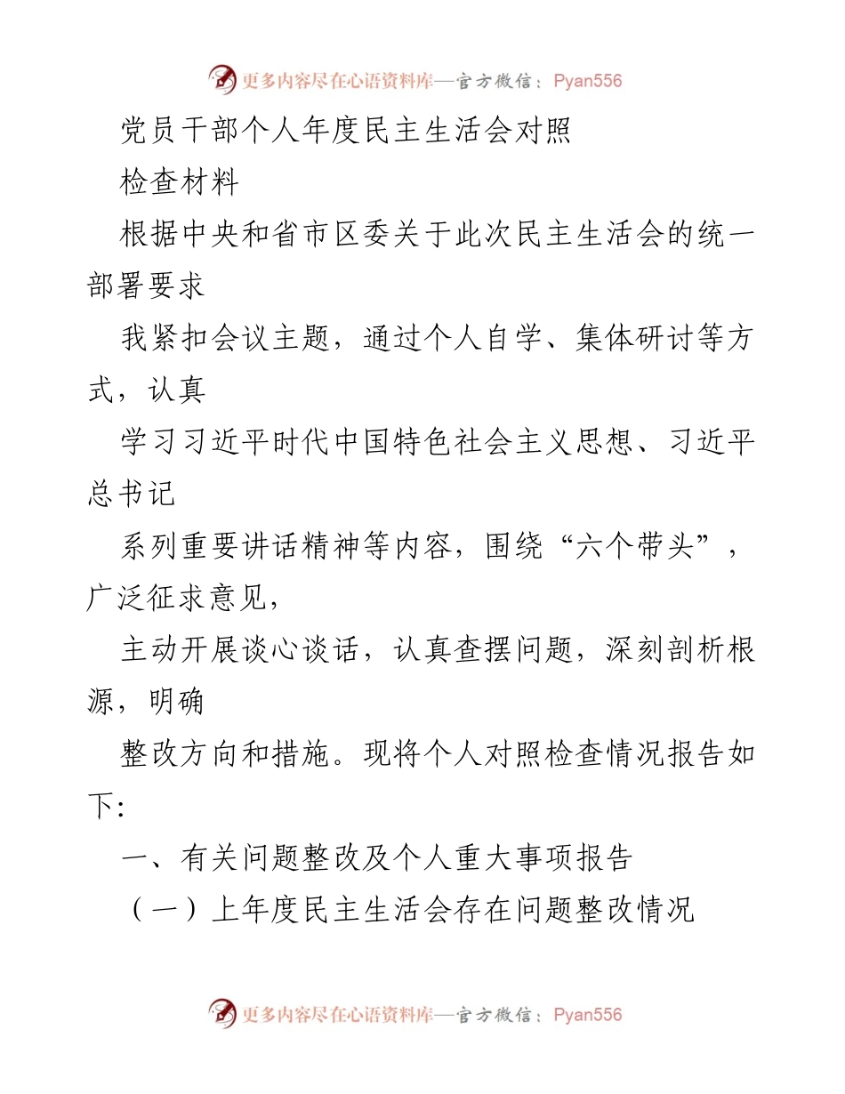 [发言] 党员干部年度民主生活会 - 党员干部年度民主生活会个人对照检查材料总结.docx_第1页