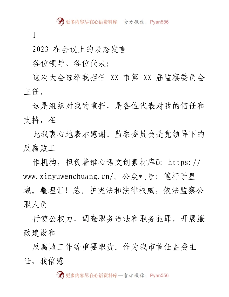 [发言] 会议 - 新任监察委员会主任表态发言.docx_第1页