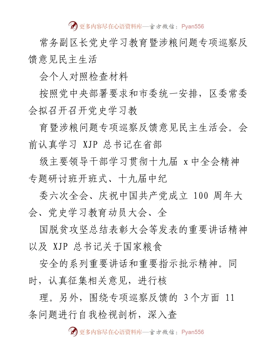 [发言] 党史学习教育暨涉粮问题专项巡察反馈意见民主生活会 - 常务副区长个人对照检查材料总结.docx_第1页