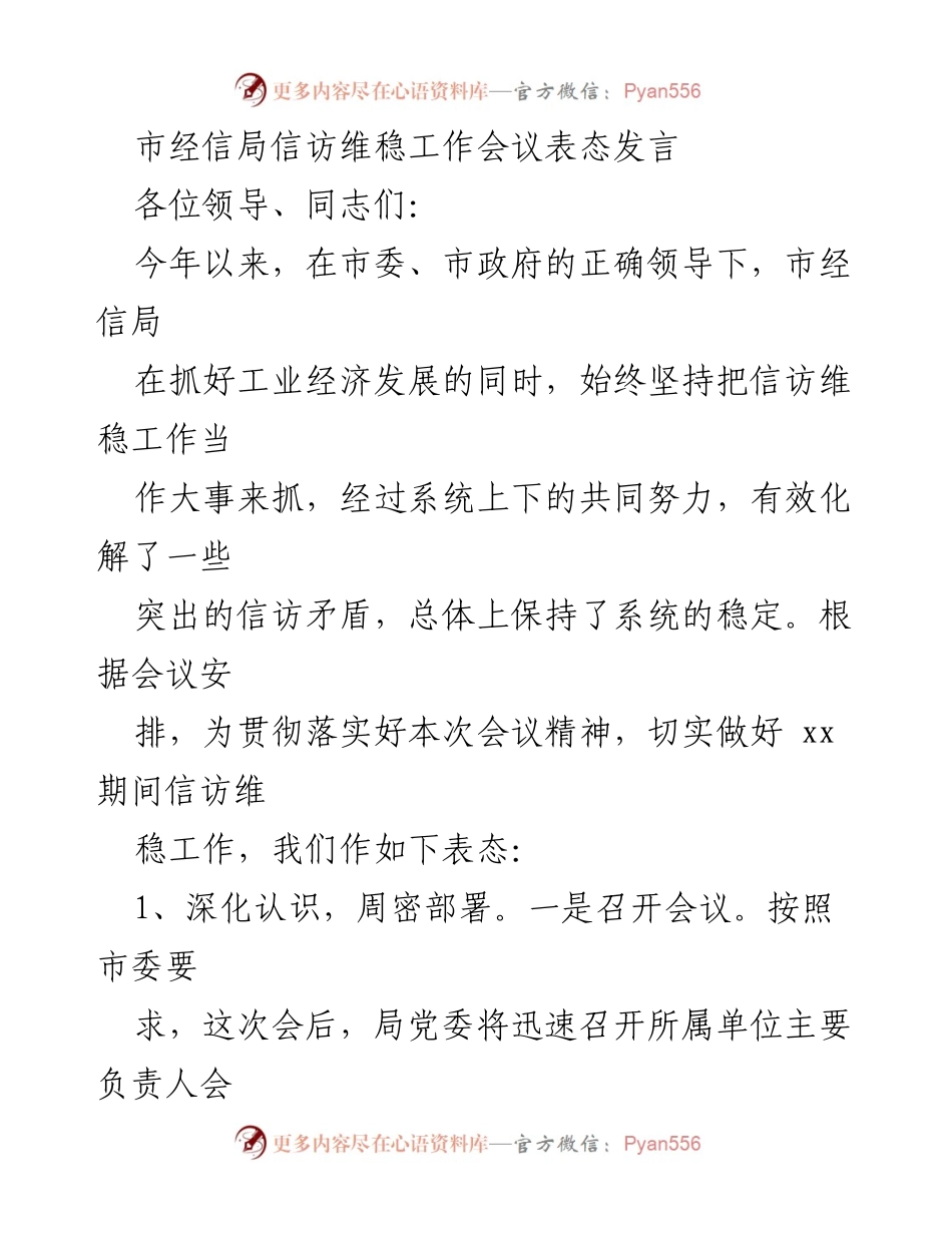 [发言] 会议 - 市经信局信访维稳工作表态发言.docx_第1页
