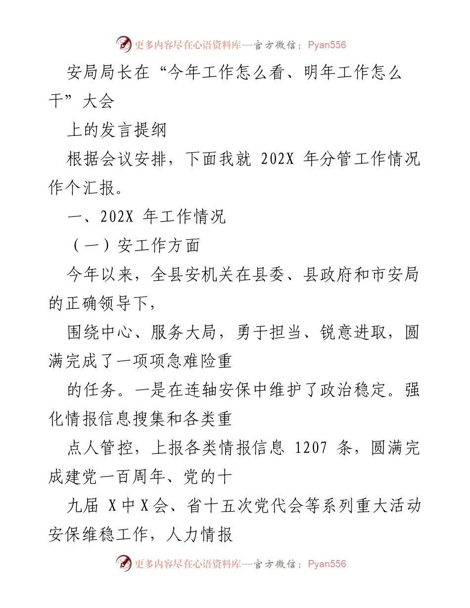 [发言] 会议 - 安局局长202X年工作汇报及明年工作展望.docx_第1页