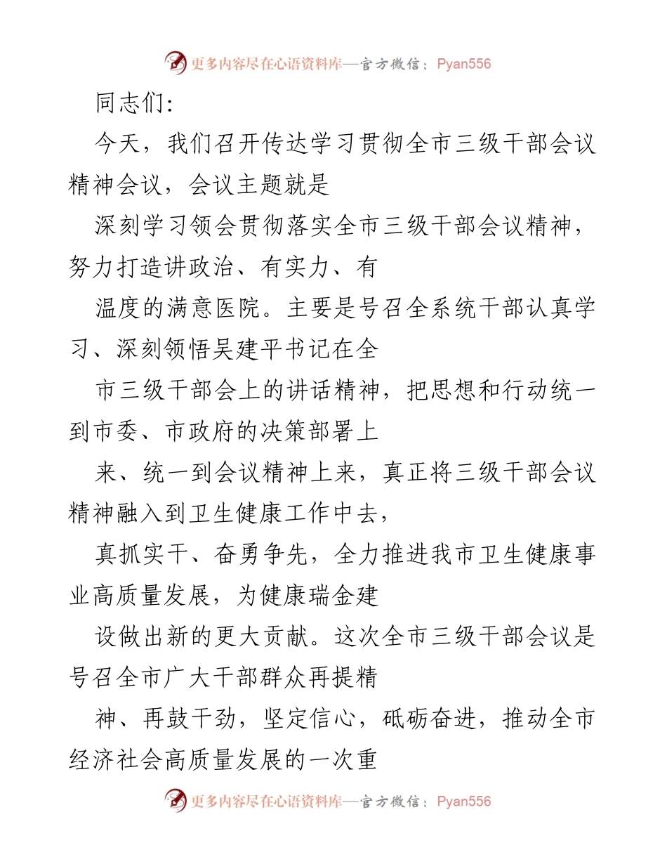 [发言] 会议 - 深入学习贯彻全市三级干部会议精神，推动卫生健康事业高质量发展.docx_第1页