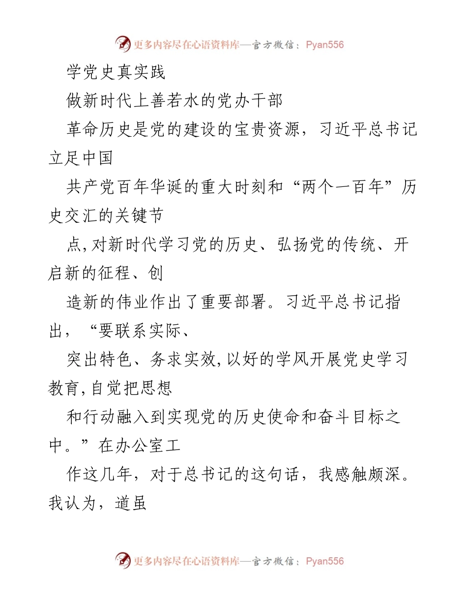 [发言] 党史学习教育会议 - 学习党史，践行责任：新时代党办干部的使命与实践.docx_第1页