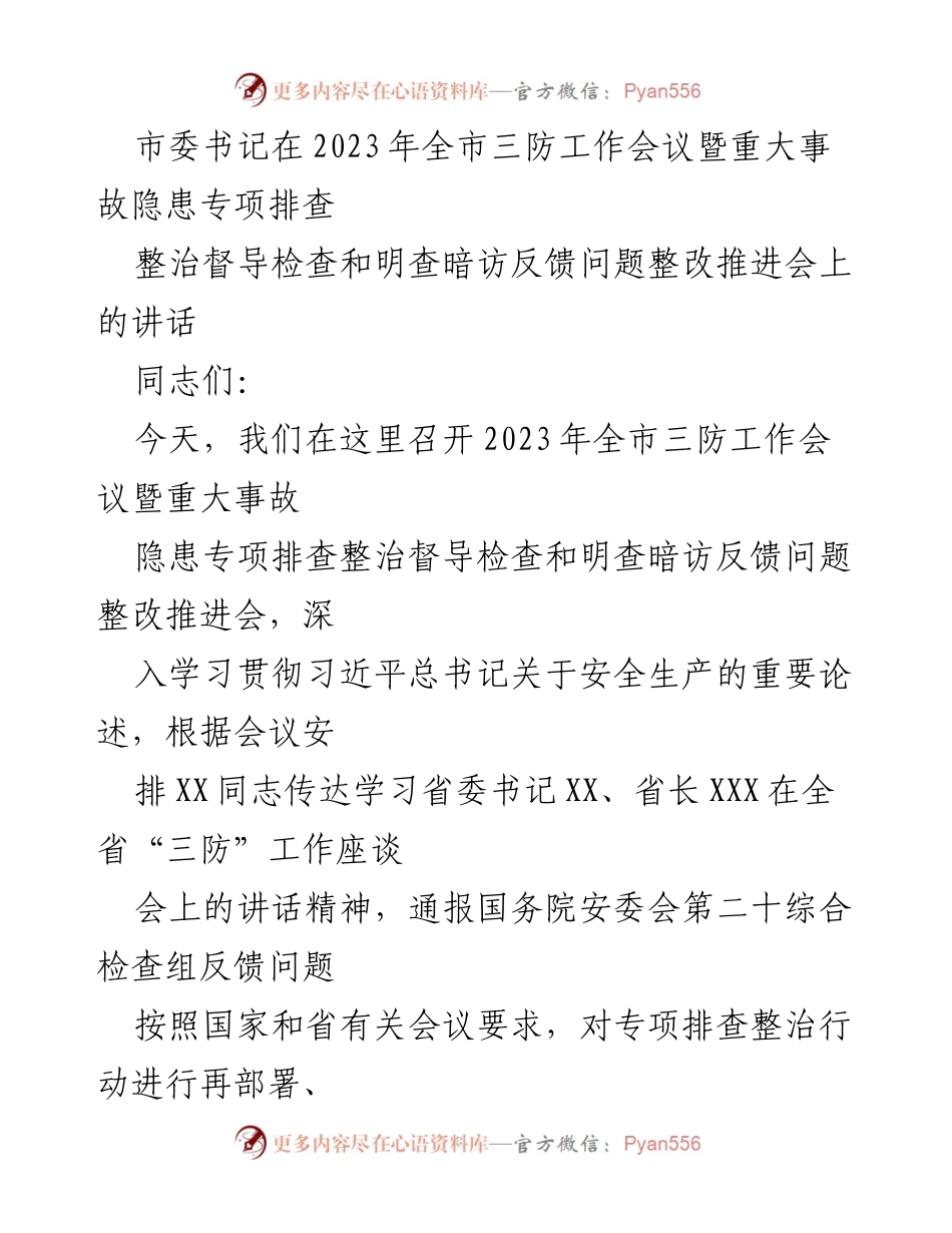 [发言] 会议 - 加强三防工作，确保安全生产与隐患整改落实.docx_第1页