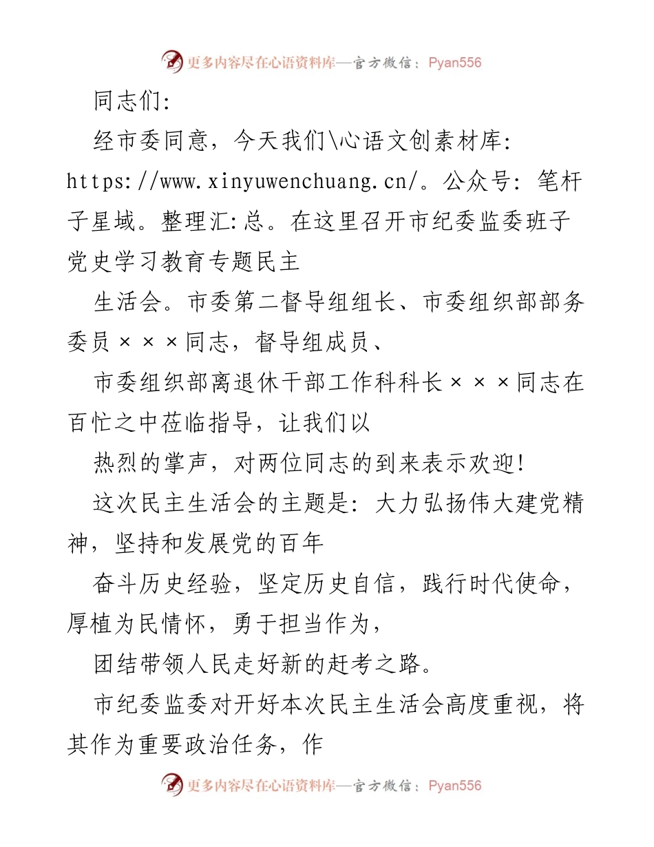[发言] 党史学习教育专题民主生活会 - 深入检视，勇于担当：市纪委监委专题民主生活会总结.docx_第1页