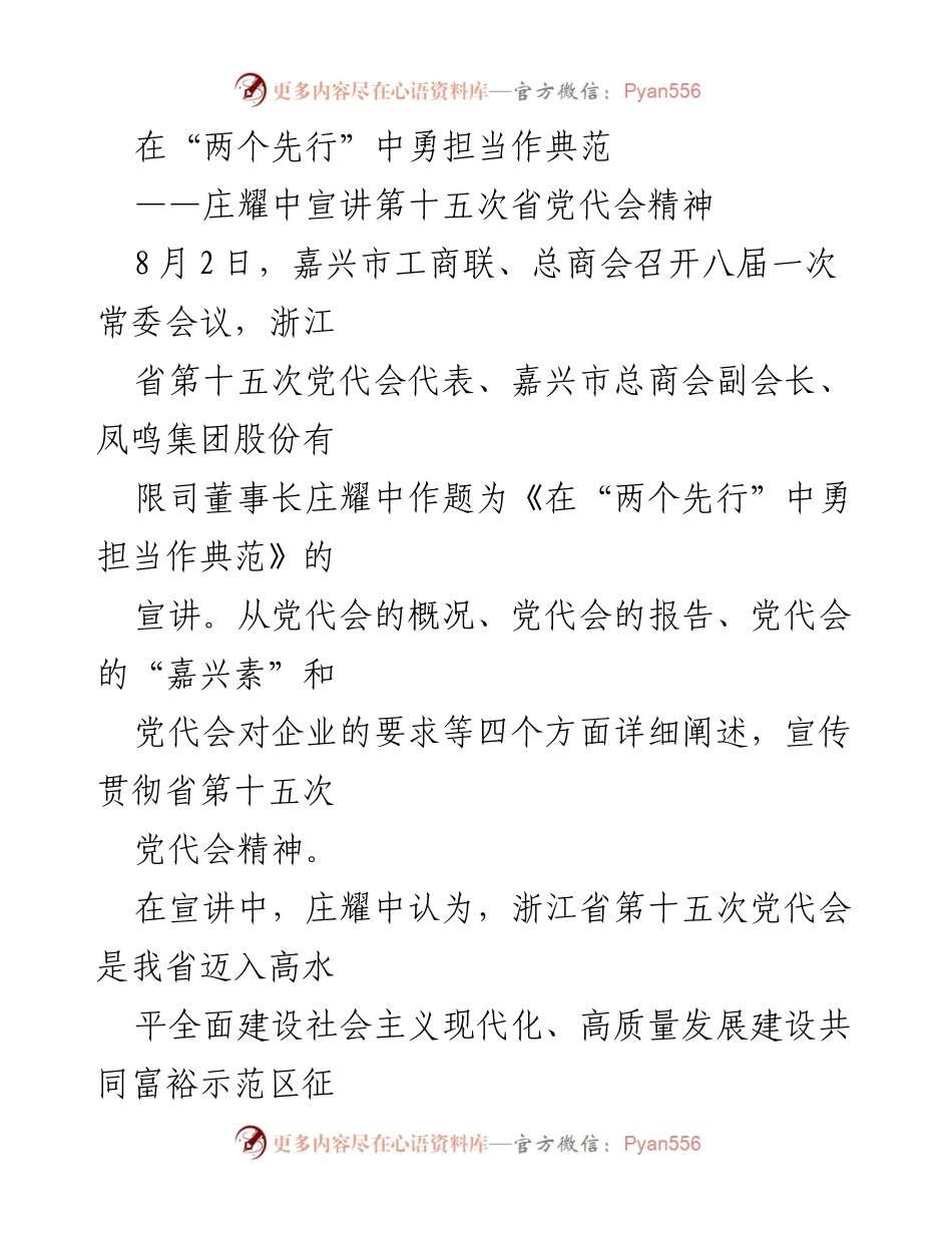[发言] 会议 - 在“两个先行”中勇担当作典范：宣讲省第十五次党代会精神.docx_第1页