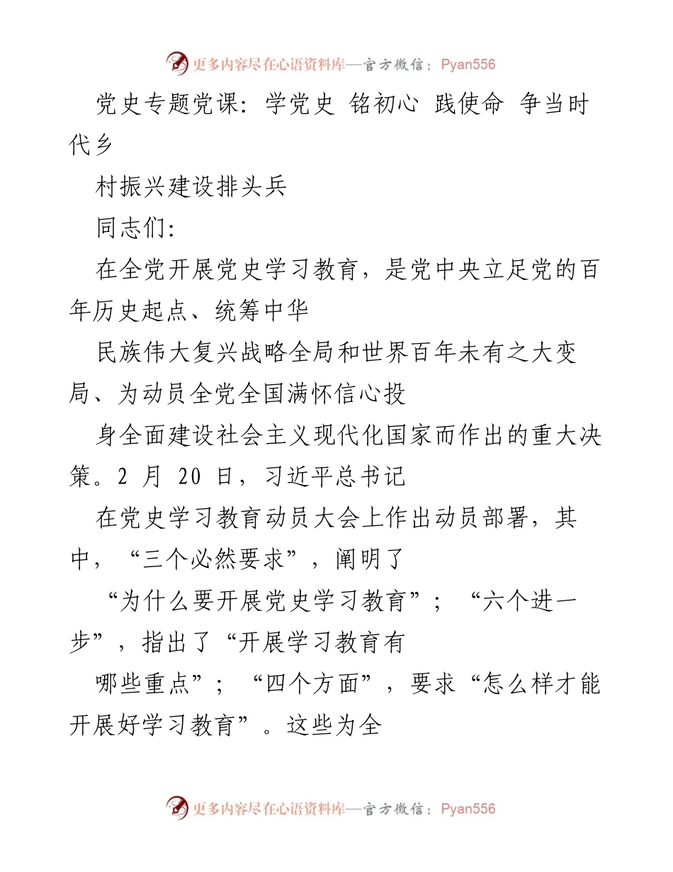[发言] 党史学习教育专题党课 - 学习党史，坚定理想信念，服务乡村振兴.docx_第1页