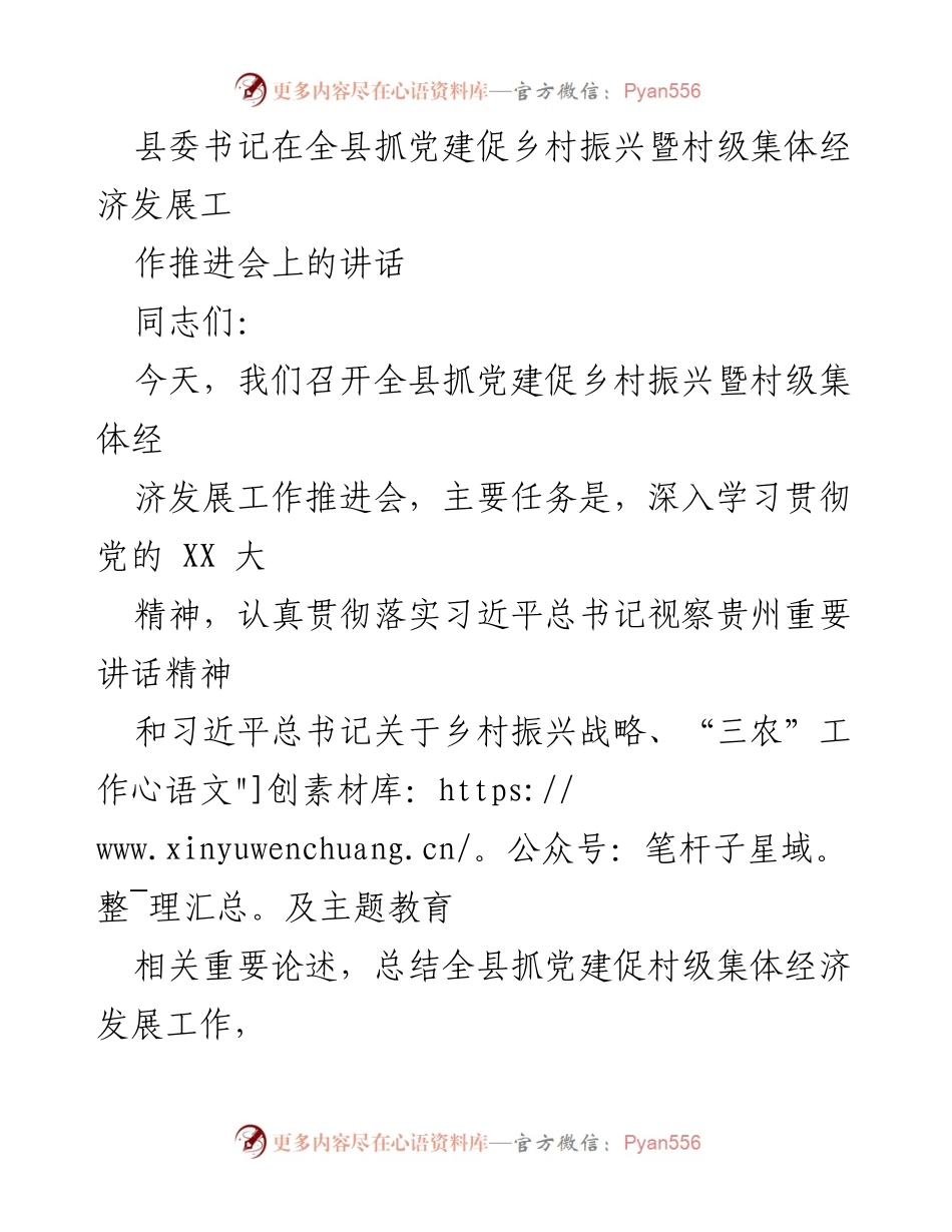 [发言] 会议 - 加强党建推动乡村振兴与村级集体经济发展工作推进会讲话.docx_第1页