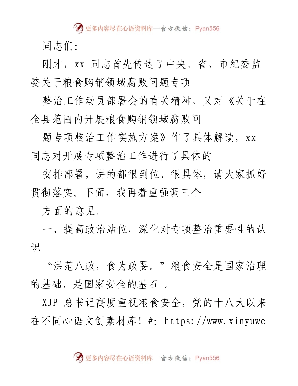 [发言] 会议 - 加强粮食购销领域腐败问题专项整治的重要性.docx_第1页