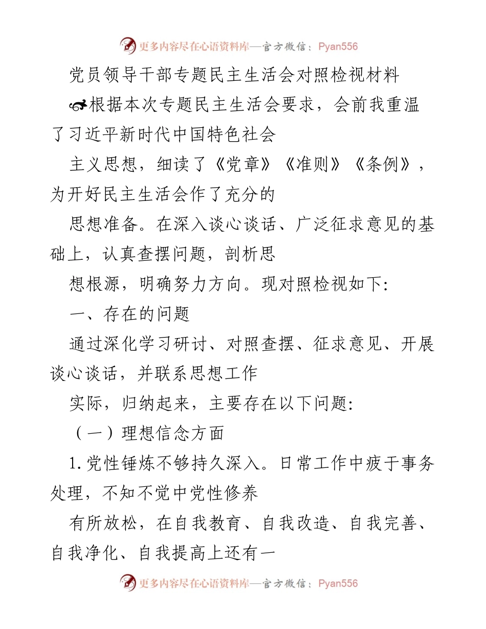 [发言] 党员领导干部专题民主生活会 - 党员领导干部自我检视与问题剖析报告.docx_第1页