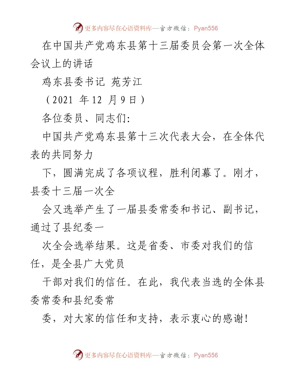 [发言] 党代会 - 鸡东县第十三届委员会第一次全体会议讲话.docx_第1页