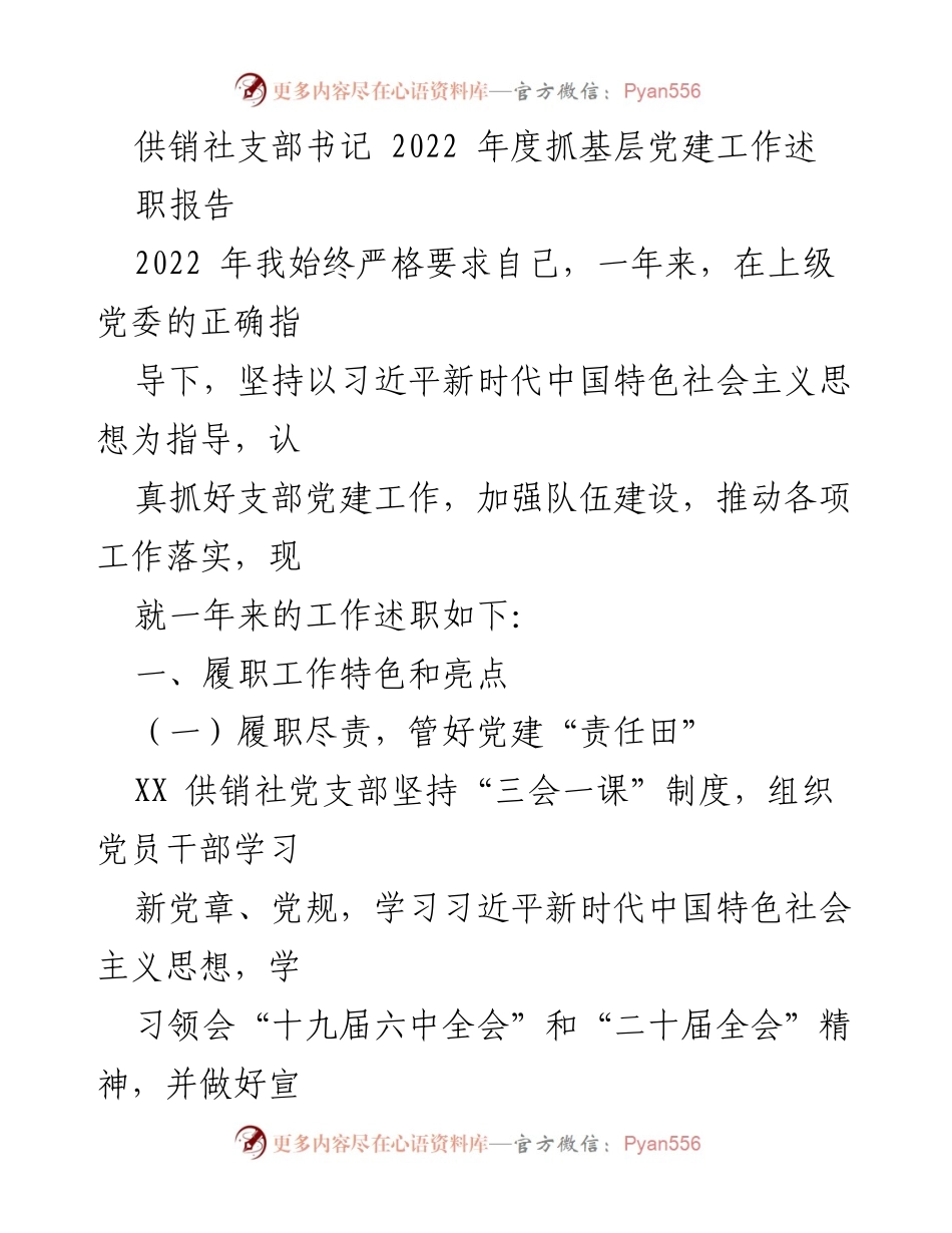 [发言] 供销社年度工作总结 - 2022年度供销社支部书记党建工作述职报告.docx_第1页