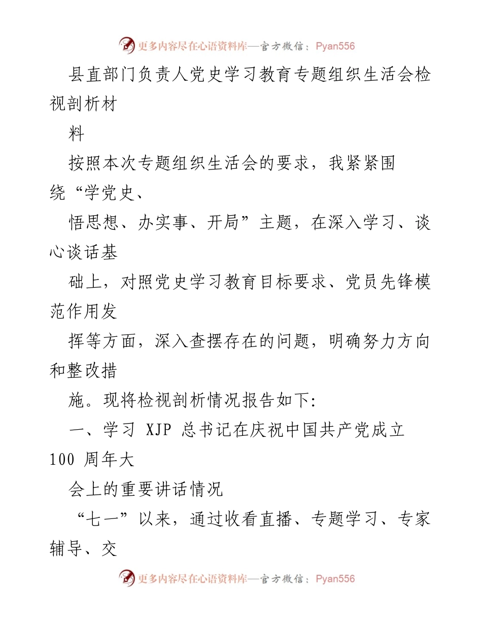 [发言] 党史学习教育专题组织生活会 - 深入检视剖析，推动党史学习教育落实.docx_第1页