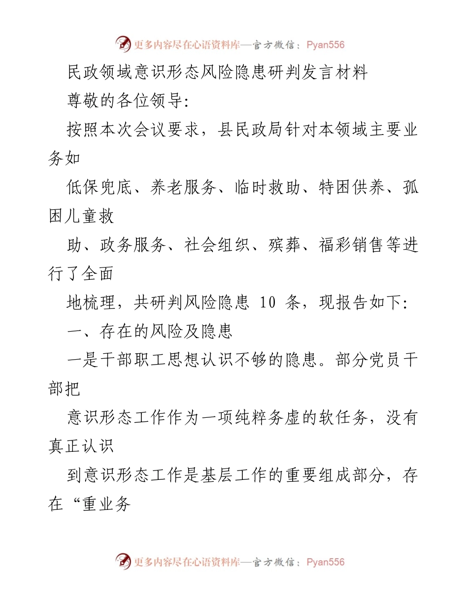 [发言] 会议 - 民政领域意识形态风险隐患及防范措施研判.docx_第1页