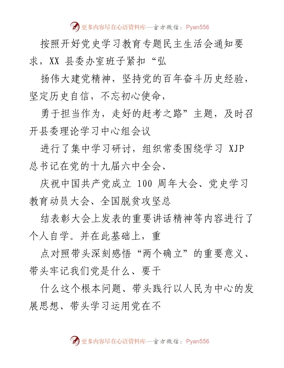 [发言] 党史学习教育专题民主生活会 - 深刻剖析问题，坚定历史自信与担当作为.docx_第1页