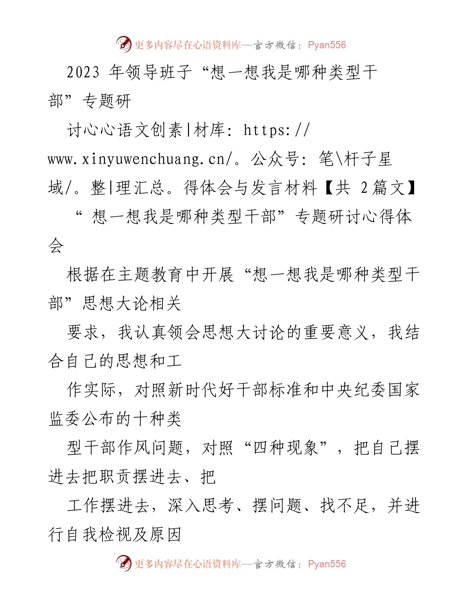 [发言] 党员干部专题研讨 - “自我检视与改进：我是哪种类型干部”.docx_第1页