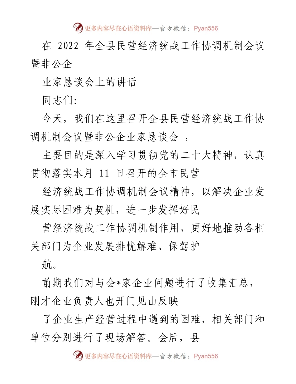 [发言] 会议 - 加强民营经济统战工作协调机制，助力企业发展.docx_第1页