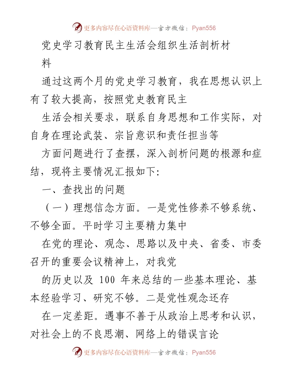 [发言] 党史学习教育民主生活会 - 深入剖析自身问题，增强党性修养与责任担当.docx_第1页