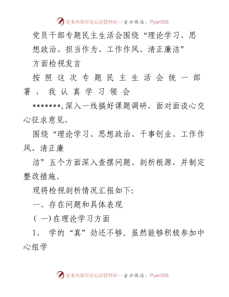[发言] 党员干部专题民主生活会 - 深入查摆问题，推动理论学习与思想政治提升.docx_第1页