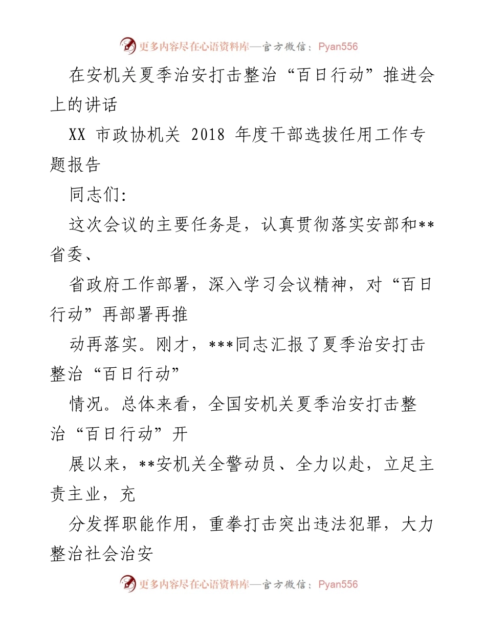[发言] 会议 - 加强夏季治安打击整治“百日行动”推进会讲话.docx_第1页