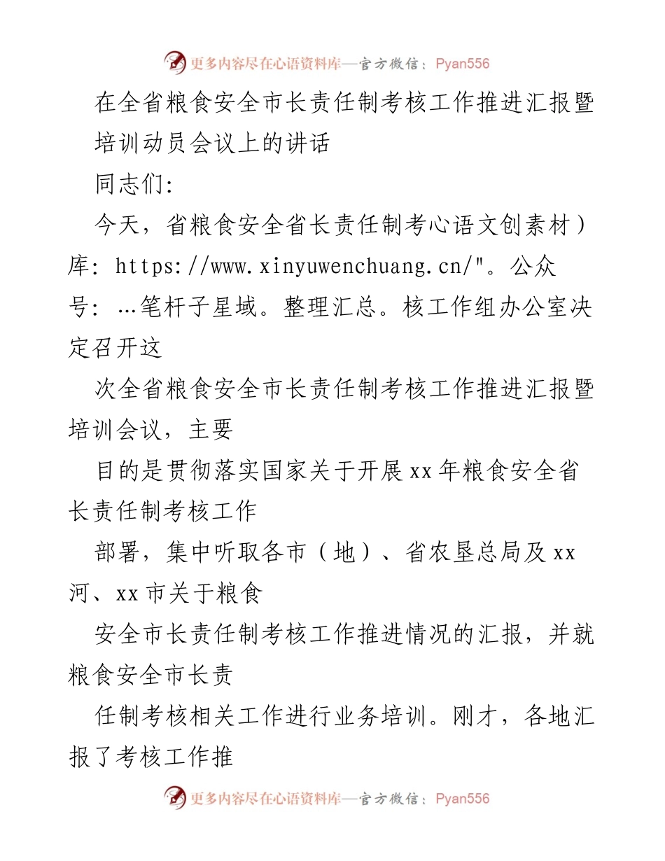 [发言] 会议 - 全省粮食安全市长责任制考核工作推进与培训讲话.docx_第1页