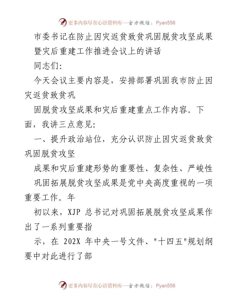 [发言] 会议 - 防止因灾返贫，巩固脱贫成果与灾后重建工作的重要性.docx_第1页