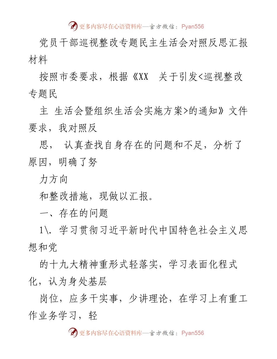 [发言] 党员干部巡视整改专题民主生活会 - 党员干部自我反思与整改措施汇报.docx_第1页