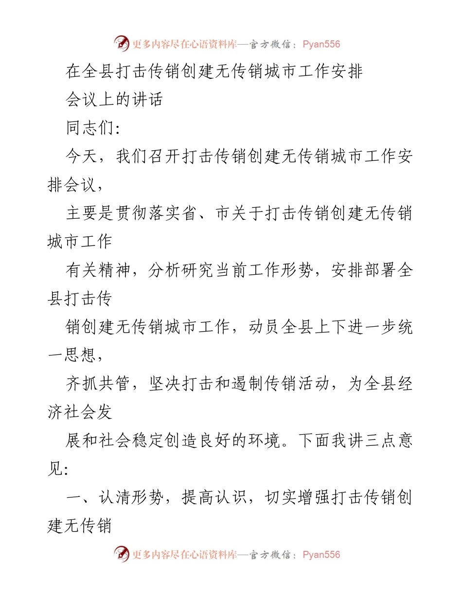 [发言] 会议 - 打击传销，创建无传销城市的工作安排与部署.docx_第1页