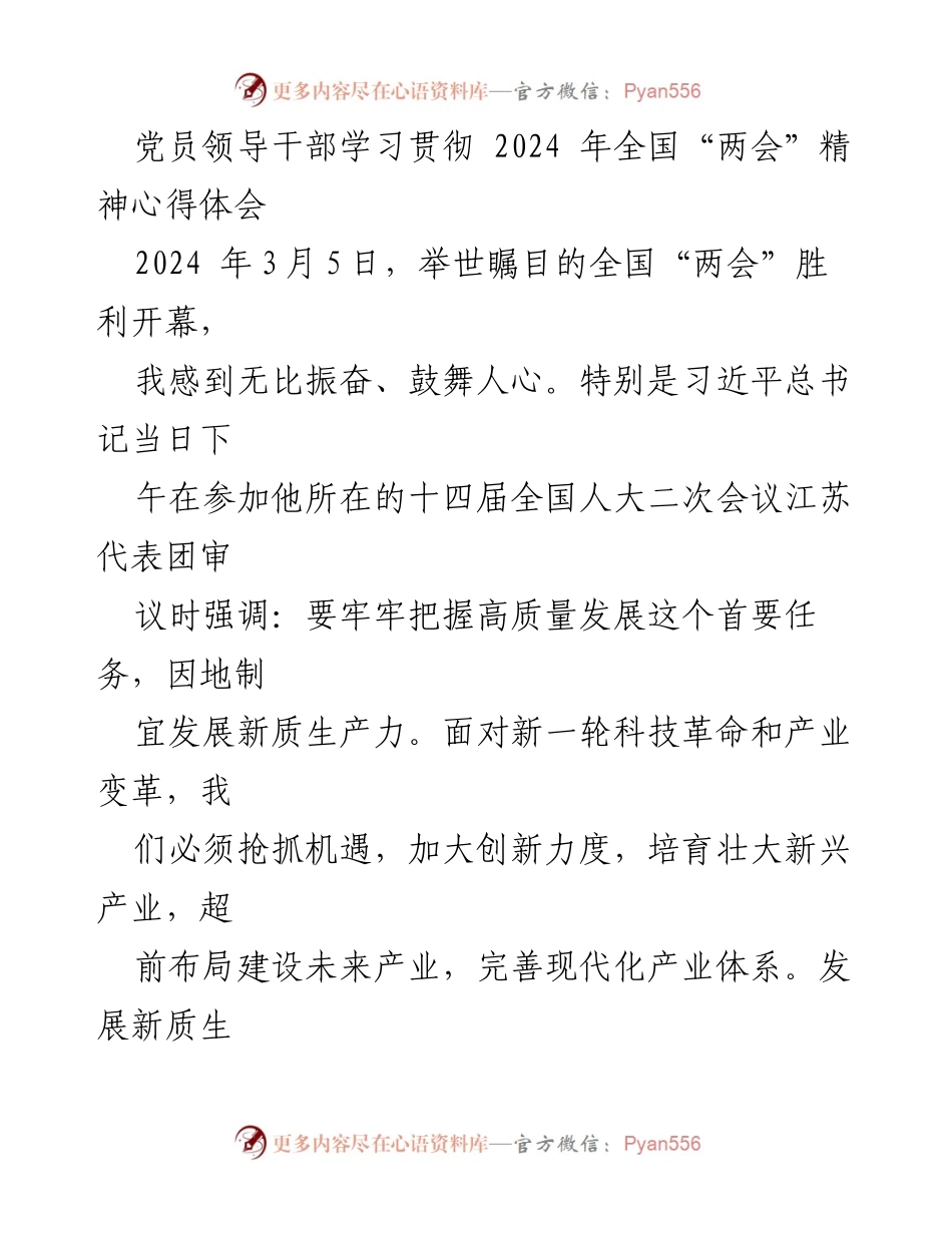 [发言] 党员干部学习会 - 深入学习贯彻全国“两会”精神，推动高质量发展.docx_第1页