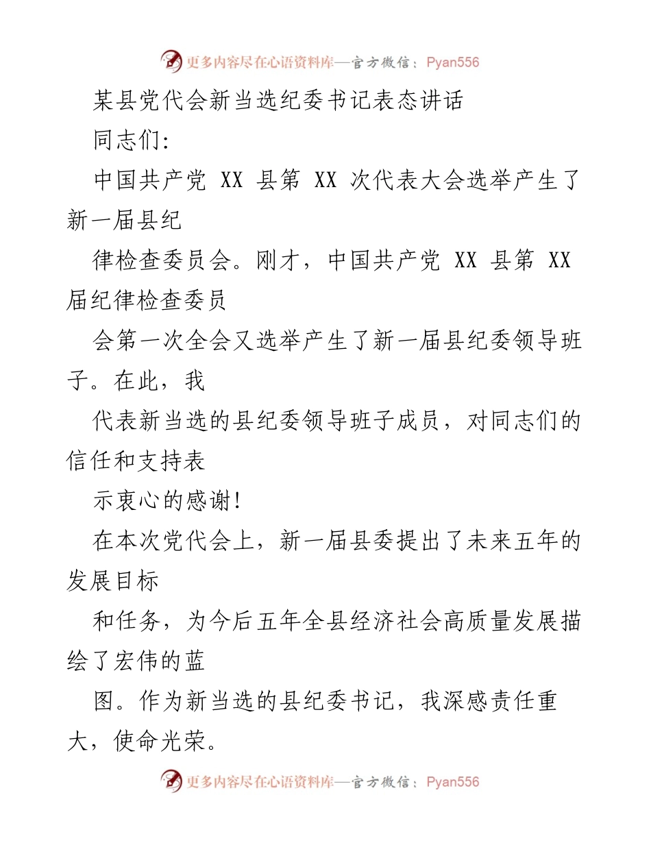 [发言] 党代会 - 新任纪委书记表态：坚守政治责任，推动高质量发展.docx_第1页