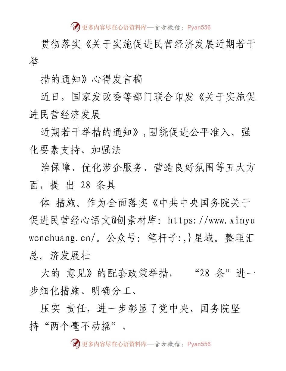 [发言] 会议 - 贯彻落实民营经济发展措施的心得分享.docx_第1页