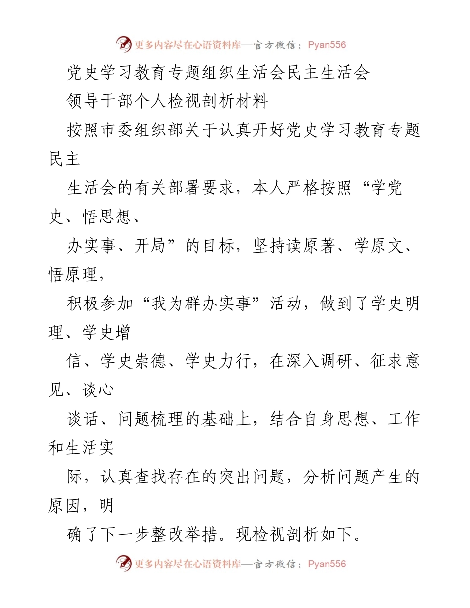 [发言] 党史学习教育专题组织生活会 - 领导干部个人检视剖析材料总结.docx_第1页