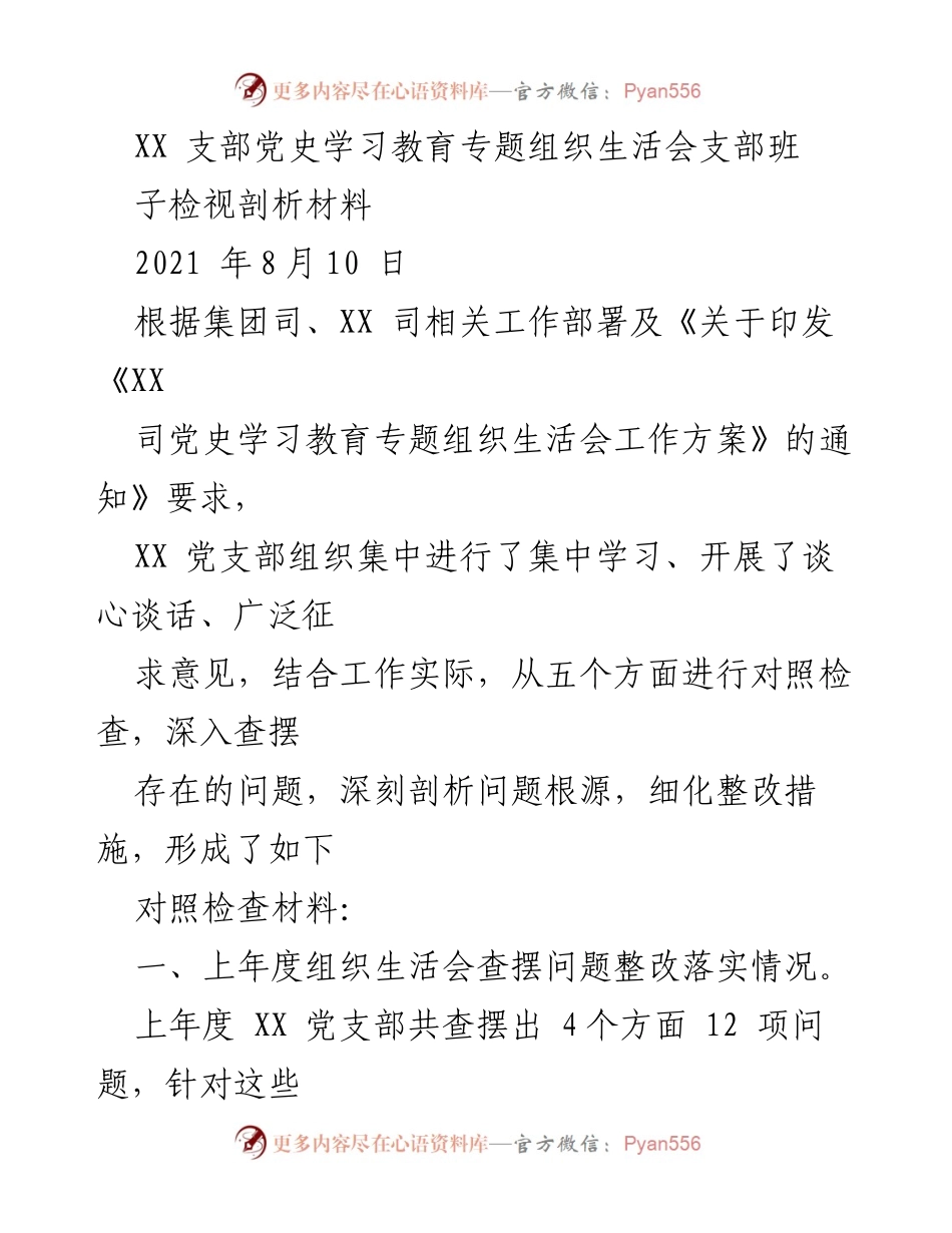 [发言] 党史学习教育专题组织生活会 - XX支部党史学习教育成效与整改措施总结.docx_第1页