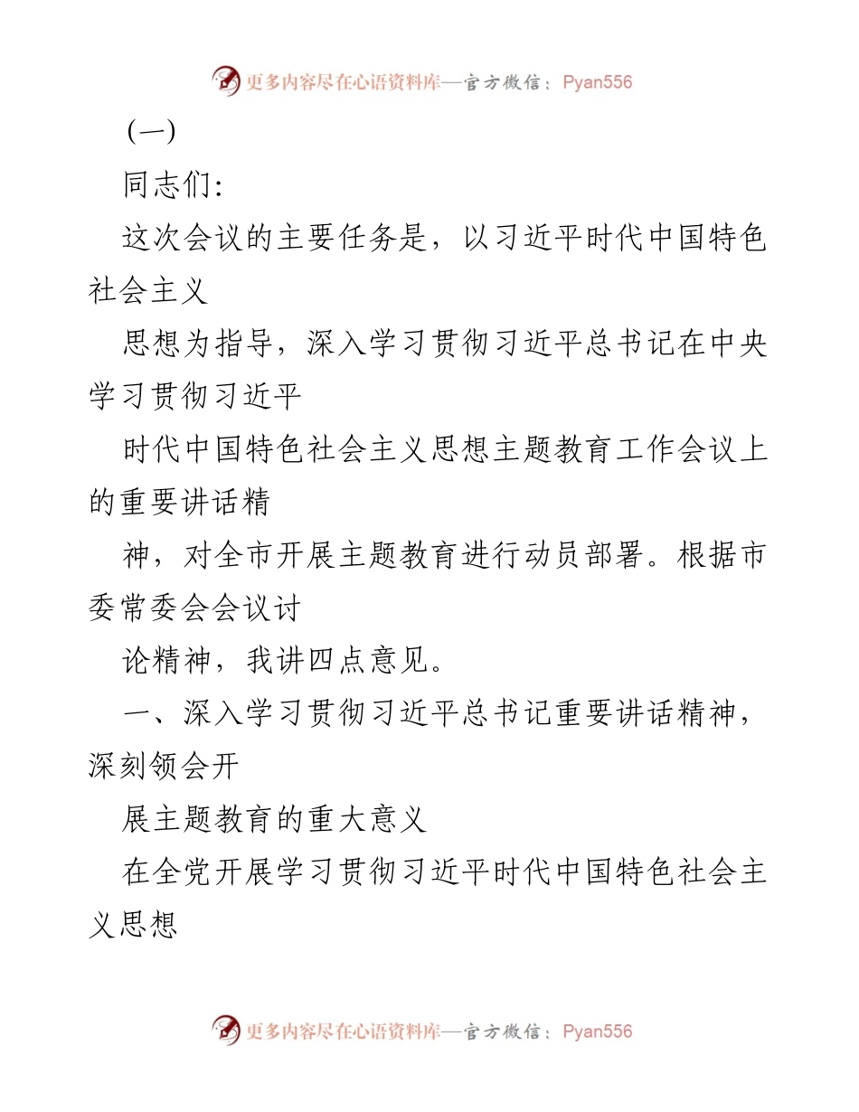 [发言] 会议 - 深入学习贯彻习近平总书记重要讲话精神，动员全市开展主题教育.docx_第1页