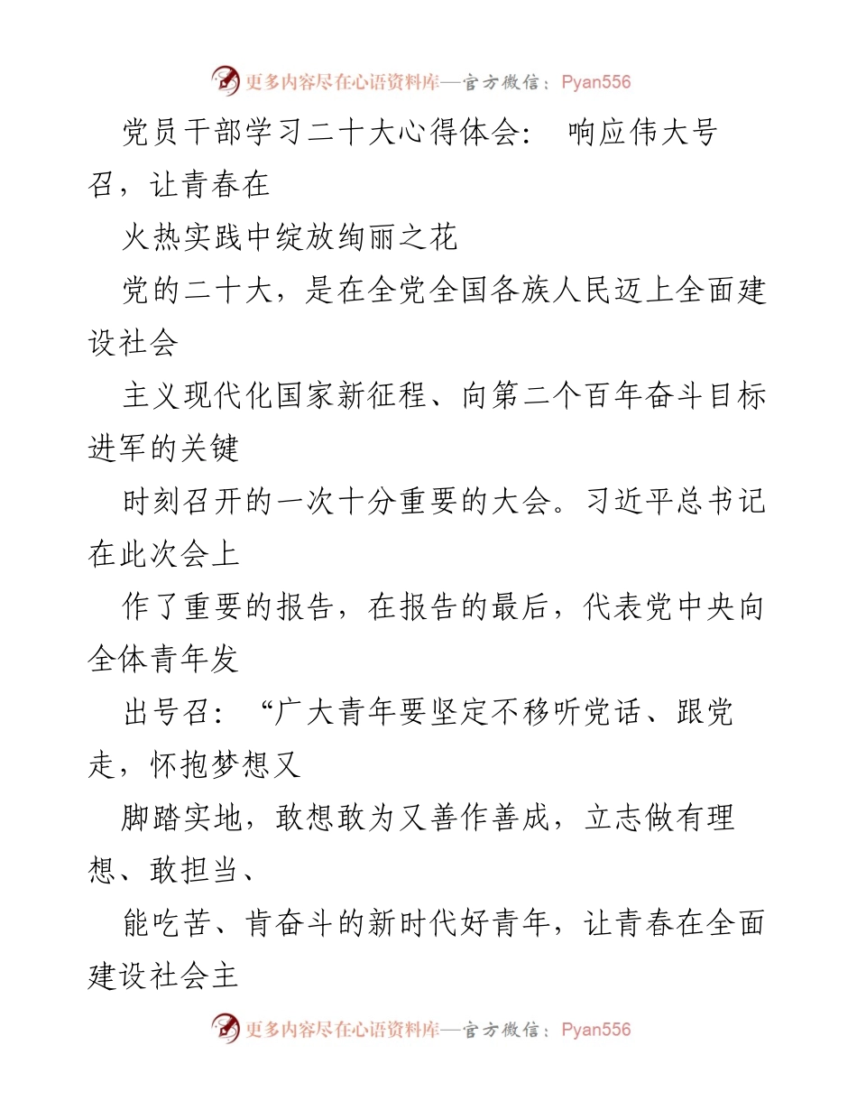 [发言] 党员干部学习会议 - 青年党员干部响应二十大号召的心得体会.docx_第1页